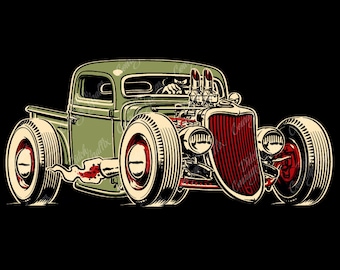 May include: A green vintage hot rod pickup truck with a red and black grill, chrome accents, and large tires. The truck is smoking from the exhaust pipe.