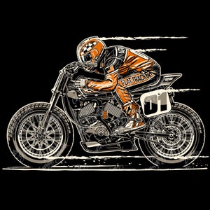 May include: An illustration of a flat track motorcycle racer in orange and black racing gear. The racer is leaning into a turn on a black motorcycle with the words "FLAT TRACKER" on the rider's suit. The background is black.