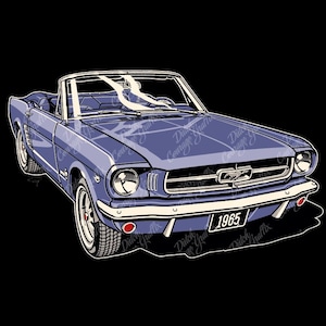 May include: Illustration of a classic blue convertible car with white trim and a black background. The car has a license plate that reads "1965". The car has a Mustang emblem on the front.