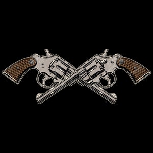 Può includere: Illustrazione grafica di due revolver argentati incrociati su sfondo nero. I revolver hanno impugnature marroni e dettagli meccanici. Adatto a vari progetti di design.