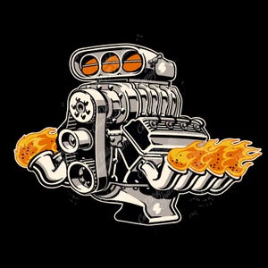 May include: Illustration of a vintage hot rod engine with flames. The engine is silver with orange accents and flames emanating from the exhaust pipes. The background is solid black.