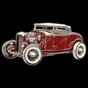 May include: A digitally illustrated red hot rod convertible with a cream-coloured roof and white-walled tyres. The engine is exposed, revealing mechanical details. The background is black.