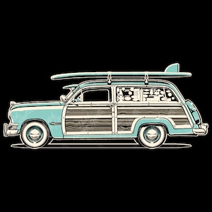 May include: A light blue vintage station wagon with wood paneling, a surfboard strapped to the roof, and a black background.
