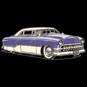 May include: A vintage purple and white 1950s Ford car with a chrome bumper and a "KREEPER" license plate. The car has a white roof and white trim around the windows.