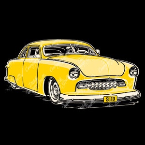 May include: A yellow 1949 Ford custom car with a chrome bumper and a license plate that reads "SLED".