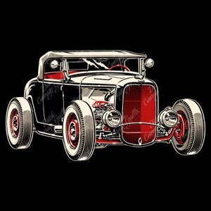 May include: A black and red vintage hot rod car with a white convertible top. The car has large tyres and a detailed engine.