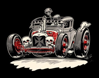 Rat Rod Rockabilly Coupe Cartoon - digital vector file - PMS colors