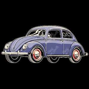 May include: A vintage blue Volkswagen Beetle with white trim and red hubcaps. The car is in good condition and has a classic look.