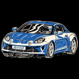 Puede incluir: Un coche deportivo azul y blanco con la palabra "REVITUP" en la matrícula delantera. El coche está conduciendo sobre un fondo negro.