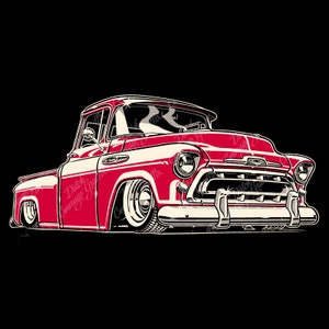 May include: A red vintage pickup truck with chrome accents and a white stripe along the side. The truck has a classic design with a large grille and round headlights.