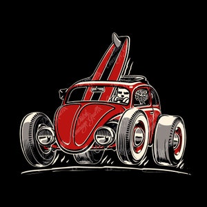 May include: A red vintage Volkswagen Beetle with a surfboard strapped to the roof. The car has large wheels and a black and white striped racing stripe. The car is driving on a black background.