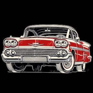 Può includere: Illustrazione di un'auto rossa classica con dettagli bianchi, su sfondo nero. Il veicolo d'epoca presenta dettagli cromati, doppi fari e pneumatici a fascia bianca, evocando un'estetica retrò. Il design dell'auto è una rappresentazione stilizzata di un'auto d'epoca.