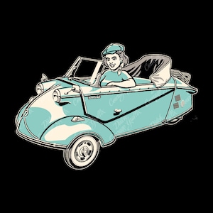 Puede incluir: Ilustración de un coche Messerschmitt KR200 azul claro vintage con una mujer con un sombrero y bufanda a juego. El coche tiene detalles en crema y un fondo negro. La mujer sonríe y parece estar conduciendo.