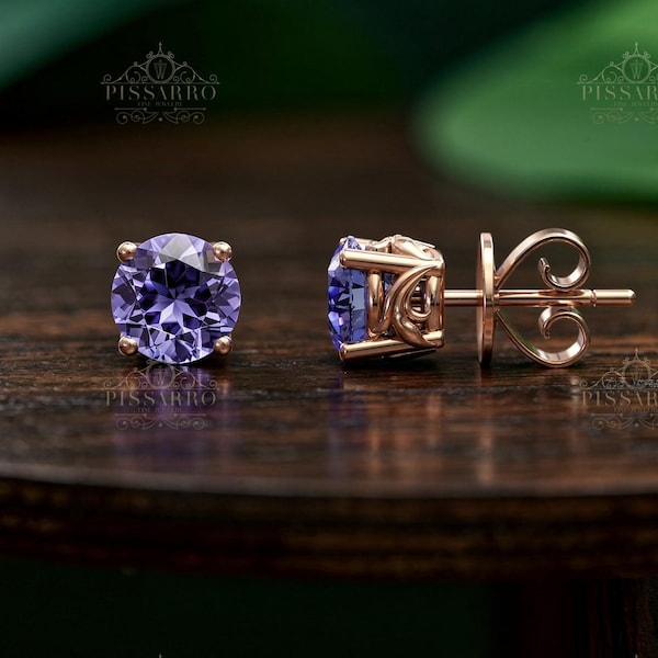 Natural Tanzanite Stud Earrings, Unique Studs, Single Earring Or Pair Of Earrings, 5mm Round Gemstone, Rose Gold