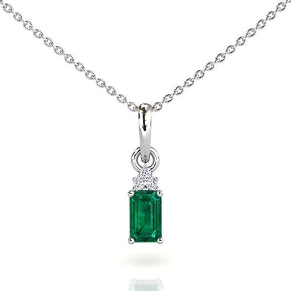 Platinum Emerald Necklace, Women's Emerald Cut Solitaire Pendant, Natural VS Quality Diamonds, May Birthstone, Anniversary Jewelry Gift