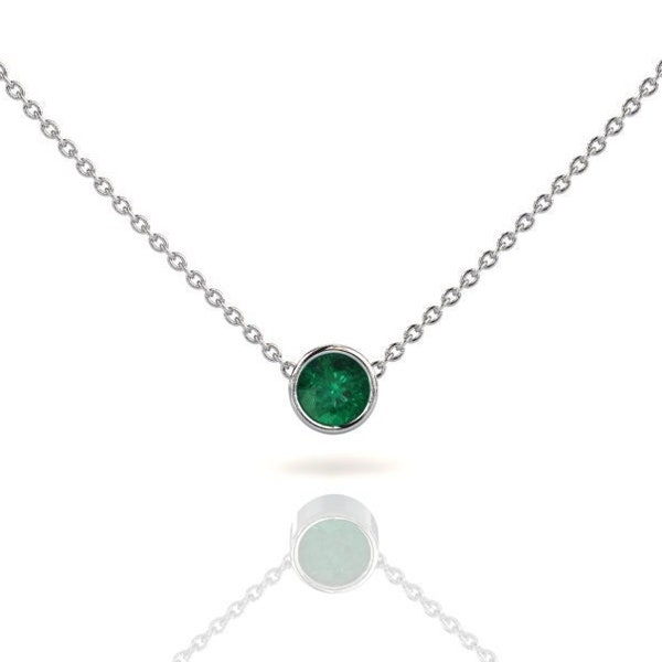Platinum Emerald Necklace, Women's Solitaire Pendant, Minimalist Emerald Layering Necklace, May Birthstone Jewelry, Everyday Jewelry