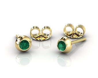 14k Emerald Stud Earrings, Solid Yellow Gold Mini Studs, May Birthstone Earrings, Anniversary, Gift Jewelry, Dainty Minimalist Earrings