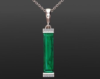 Emerald Pendant Necklace | Layering Necklace | Emerald And Diamond Jewelry | Gemstone Pendant | Anniversary Gift | Vertical Bar Necklace