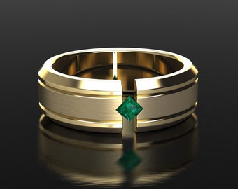 Emerald Mens Wedding Ring, 7mm Wedding Band, Mens Emerald Comfort Fit Wedding Band, Brushed Finish Ring, Unisex, Yellow Gold Wedding Ring