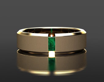 Mens Emerald Wedding Band, Yellow Gold Ring, Anniversary