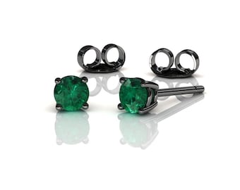 14k Black Gold Emerald Studs, 4 Prong Basket Set Emerald Earrings, Women's Jewelry, May Birthstone, Anniversary Gift, Solid Gold