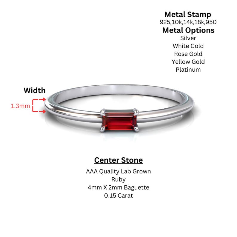 Ruby Stacking Ring, Baguette Cut Thin Wedding Band, Silver, White Gold Or Platinum, Everyday Rings