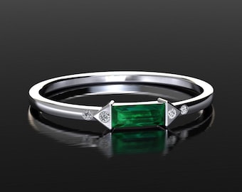 Emerald Stackable Ring, Emerald Ring, Stacking Ring Art Deco Emerald Ring SOLID White Gold Emerald Ring Emerald Anniversary Ring Petite Ring