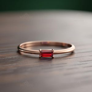 Rose Gold Ruby Stacking Ring, Baguette Cut Thin Wedding Band, Everyday Rings