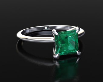 Emerald Ring / 14k White Gold Emerald Engagement Ring / Anniversary Ring / Princess Cut Solitaire Ring / Emerald Gift / Promise Ring