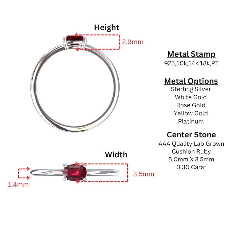 Cushion Red Ruby Stacking Ring Engagement Ring, July Birthstone, Gift For Her, Woman's Wedding Jewelry, Silver, White Gold Or Platinum