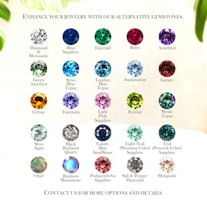 May include: An image showcasing various gemstones, such as diamond, sapphire, emerald, ruby, and amethyst. The text reads "Enhance Your Jewellery With Our Alternative Gemstones." Contact us for more options and details.