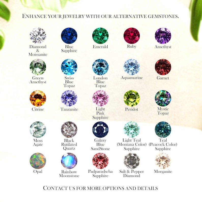 May include: An image showcasing various gemstones, such as diamond, sapphire, emerald, ruby, and amethyst. The text reads "Enhance Your Jewellery With Our Alternative Gemstones." Contact us for more options and details.