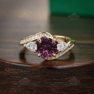 Rhodolite Garnet Engagement Ring, Three Stone Ring, Moissanite Or Diamond Side Stones, Wedding Promise Ring, Plated Or Solid Yellow Gold