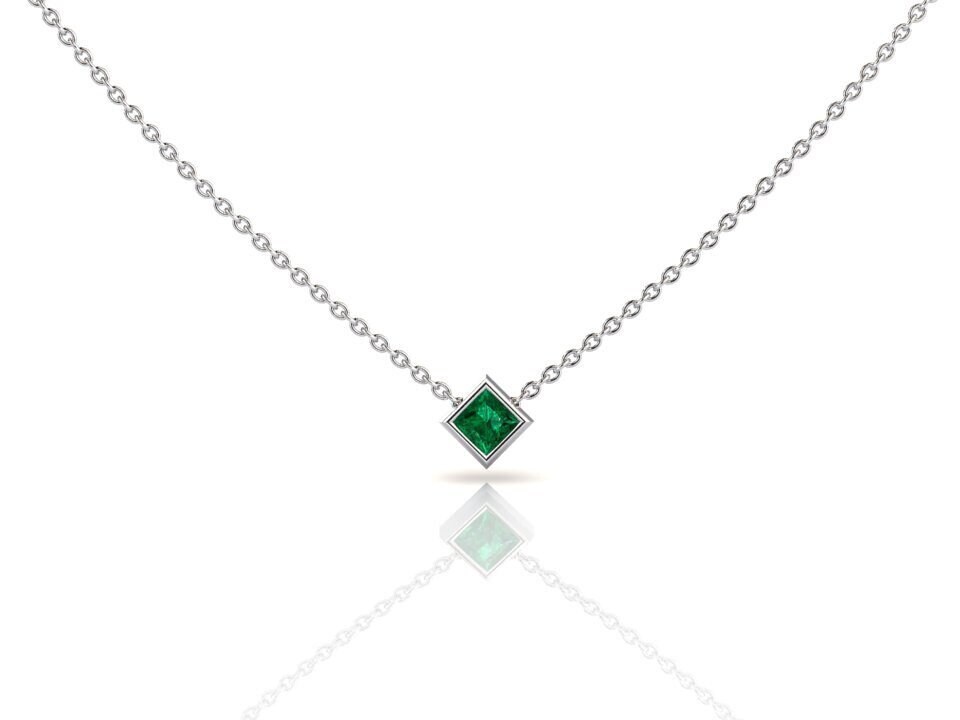 Square Emerald Necklace 14k White Gold Necklace Layering Pendant