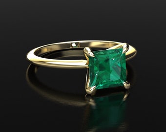 Emerald Ring / 14k Yellow Gold Emerald Engagement Ring / Anniversary Ring / Princess Cut Solitaire Ring / Emerald Gift / Promise Ring