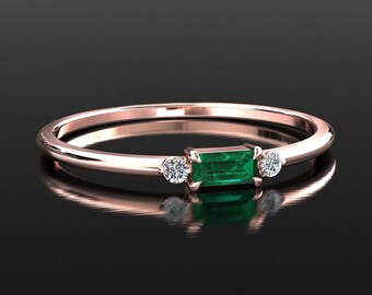 Emerald Stackable Ring, Emerald Ring Stacking Ring Art Deco Emerald Ring SOLID Rose Gold Emerald Ring Emerald Anniversary Ring Petite Ring