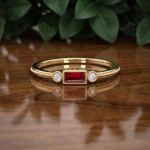 Ruby Ring, Antique Vintage Style Rings, Baguette Stacking Band, July Birthstone, Plated Silver Or Solid Yellow Gold Jewelry, Gift For Her