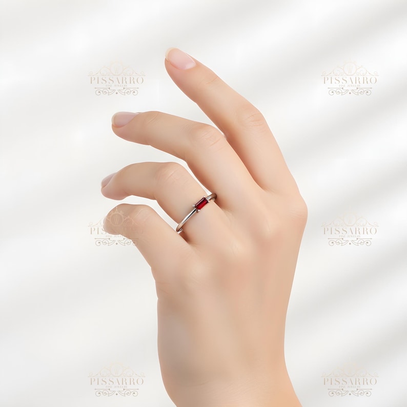Ruby Stacking Ring, Baguette Cut Thin Wedding Band, Silver, White Gold Or Platinum, Everyday Rings