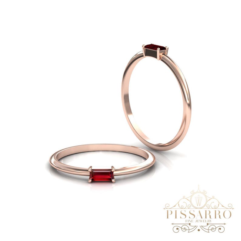 Rose Gold Ruby Stacking Ring, Baguette Cut Thin Wedding Band, Everyday Rings
