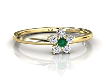 Emerald Halo Stacking Ring, 14k Yellow Gold & Pave Set Diamonds, May Birthstone Flower Ring, Modern Style Round Stack Rings, Promise Ring