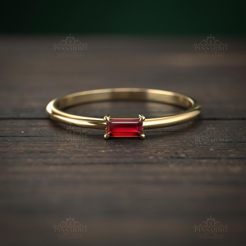 Ruby Stacking Ring, Baguette Cut Thin Wedding Band, Yellow Gold Everyday Rings