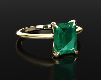 Yellow Gold Emerald Engagement Ring, 1.5Ct Emerald Ring, Emerald Solitaire Ring, Anniversary Ring, Emerald Cocktail Ring, Birthstone Jewelry