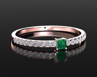 Emerald And Diamond Band, Emerald Ring, Stacking Ring, Wedding Band, SOLID Rose Gold, May Birthstone, Emerald Anniversary Ring