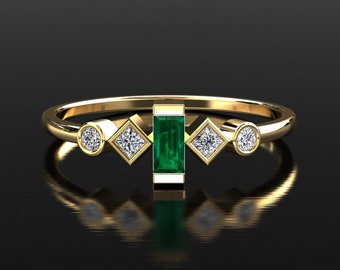 Emerald Stackable Ring, Emerald Ring, Stacking Ring Art Deco Emerald Ring SOLID Yellow Gold Ring Emerald Anniversary Ring Petite Ring