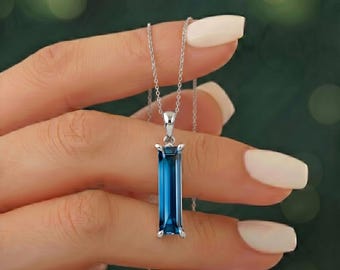 London Blue Topaz Necklace, Women's Solitaire Baguette Pendant, Anniversary Gift For Her, Layering Jewelry, Silver, White Gold Or Platinum
