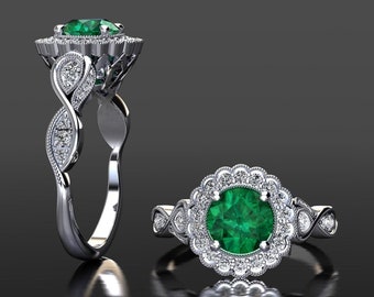 Platinum Emerald Halo Engagement Ring, Unique Emerald Ring, Vintage Emerald Ring, Emerald Ring, Anniversary Ring, Emerald Cocktail Ring