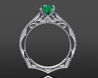 Platinum Emerald Engagement Ring, Unique Emerald Ring, Vintage Style Emerald Ring, Platinum Ring, Emerald Anniversary Ring, May Birthstone