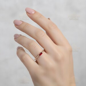 Rose Gold Ruby Stacking Ring, Baguette Cut Thin Wedding Band, Everyday Rings