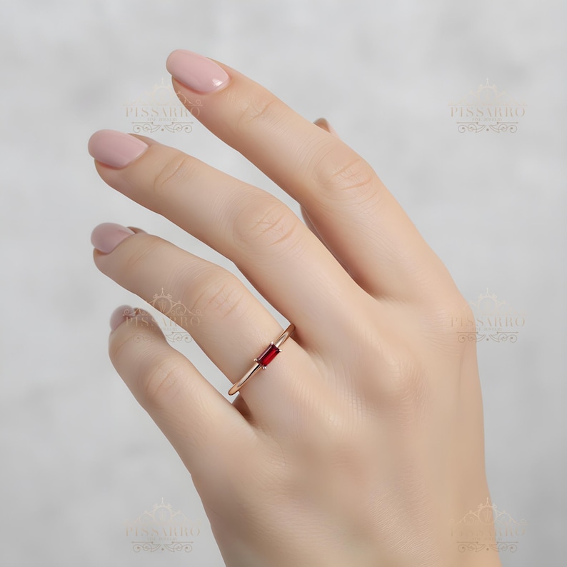 Rose Gold Ruby Stacking Ring, Baguette Cut Thin Wedding Band, Everyday Rings