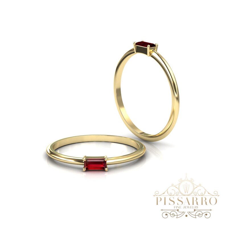 Ruby Stacking Ring, Baguette Cut Thin Wedding Band, Yellow Gold Everyday Rings